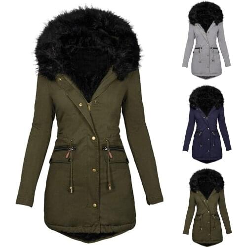 New Stylish Women Winter Thicken Coat Cardigan Long Sleeve Faux Fur Hood Mid-length Warm Coat Parka Snow Outerwear