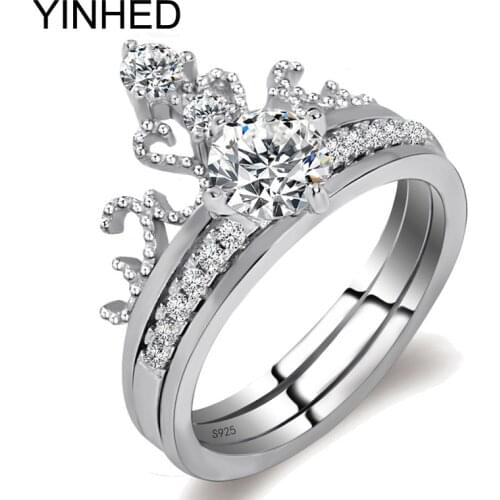 YINHED 2pcs Original 925 Sterling Silver Wedding Ring Set 6mm AAA Zircon Crown Bridal Engagement Rings Sets for Women Gift ZR363