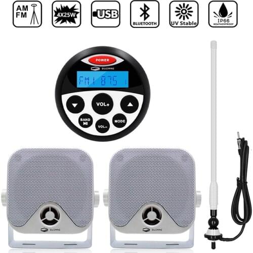 Marine Radio Waterproof Bluetooth Stereo Audio Receiver MP3 Player For RV ATV Boat Golf Cart+4inch Marine Speakers+AM FM Antenna