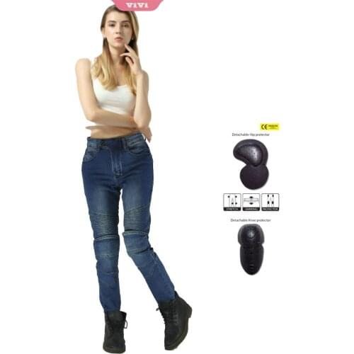 Motorcycle Riding Jeans for Women Basic Mid Rise Stretch Slim Motorcycle Riding Pants with Armor Knee and Hip Pads Detachable
