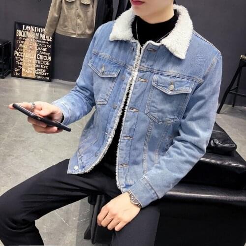 2021 New Winters Mens Fashion Fleece Thick Pure Color Casual Denim Jacket Male Cotton Slim Vintage Jackets Men Coats