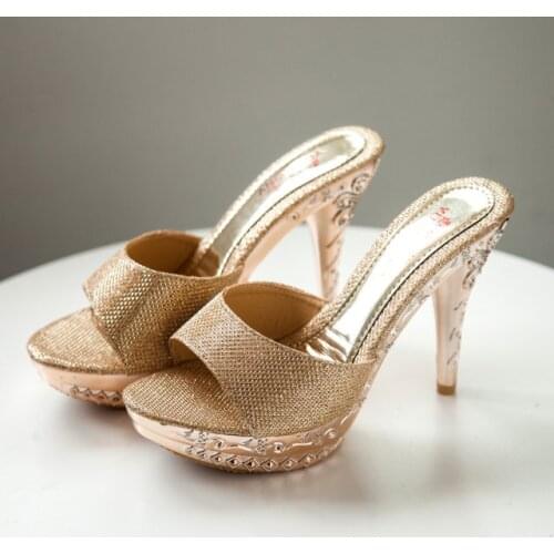 2019 Summer Women Slippers PVC Crystal High Thin Heels 11.5CM Mules Platform Outside Ladies Slippers Sexy Women Shoes Sandals