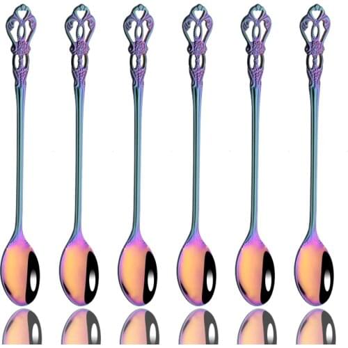 6Pcs Long Handle Stainless Steel Dinnerware Set Spoon Tea Spoon Dessert Coffee Ice Cream Spoons Kitchen Accessories Bar Tools