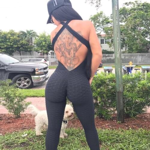 2020 New Black Jumpsuit Texture Push Up Fitness Rompers Womens Jumpsuit Backless Halter Playsuit Sexy Plus Size Bodysuit XS~5XL