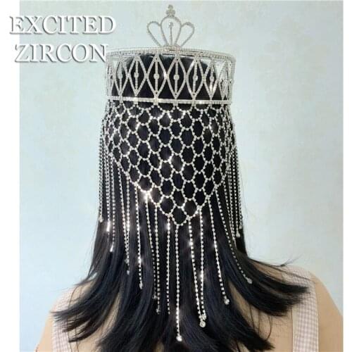 Luxury Bling Crystal Rhinestone Tassel Wedding Jewelry Headband Chain Bridal Hat Accessories For Islamism Women Men