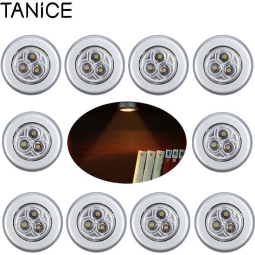TANiCE 10 Pcs Self-stick Super Bright 3 LED Push Touch Lights Round Camping Light Bedside Light for Storage Room Kitchen Cabinet