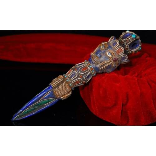 Tibet Temple Collection Old Natural lapis lazuli Filigree mosaic Gem Tracing Mahakala head statue Dorje Vajra Phurpa Town House