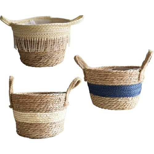 Rustic Handwoven Straw Flower Pot Indoor Plants Container Laundry Picnic Toy Storage Basket Garden Home Decoration