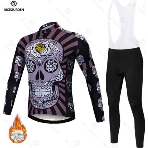 Mountain bike long-sleeved cycling sportswear plus velvet to keep warm cycling sports shirt road racing suit suspenders trousers