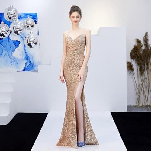 YIDINGZS Sexy V-neck Split Long Evening Dress Strap Sequins Party Dress Gold/Navy YD16276