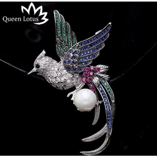 Queen Lotus New Luxury CZ Animal Bird Pearl Brooches for Women Silver Color Fashion Jewelry Brooch and Pins For Gift