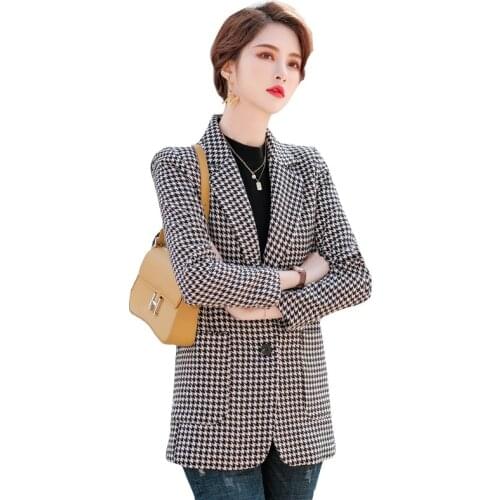 2021 New Black Coffee Plaid Ladies Blazer With Pockets Women Spring Autumn Fashion Coat Girl Korean Design Outerwear Jacket