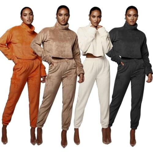 2019 New Autumn Winter Women Tracksuit Turtleneck Solid Crop Top Long Pants Casual Velvet Two Piece Set Sweatsuit Outfits S-2XL
