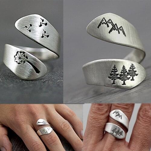 Female Plated Silver Color Hand-brushed Winding Ring Mountain Forest Dandelion Ring For Women