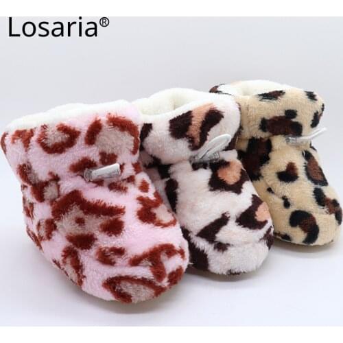 Losaria Booties for Newborns Winter 0-18 Months Thickne Keep Warm Plush Lining Leopard Pattern Soft Anti-slip Baby Shoes