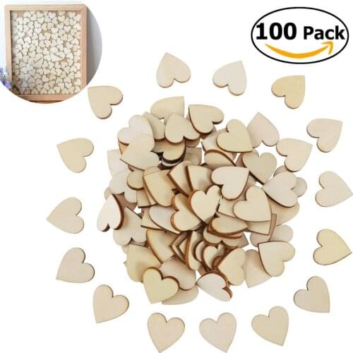 100pcs 10mm Blank Heart Wood Slices Discs For Wedding Diy Crafts Embellishments Christmas Decoration (Wood Color )