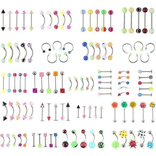 110 Pcs Acrylic Mix Eyebrow Belly Lip Tongue Bar Rings Nose Hoop Ring Body Piercing Jewelry Barbell Body Jewelry