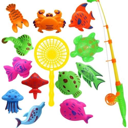 14pcs Set Magnetic Fishing Toy Game Kids 1 Rod 1 net 12 3D Fish Baby Bath Toys Outdoor Fun