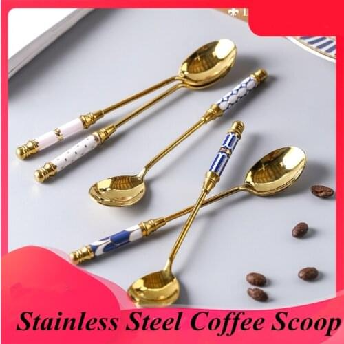 5pcs/set Creative Korean Stainless Steel Coffee Scoop Spoon Ladle Long Handle Ceramic Dessert Spoon