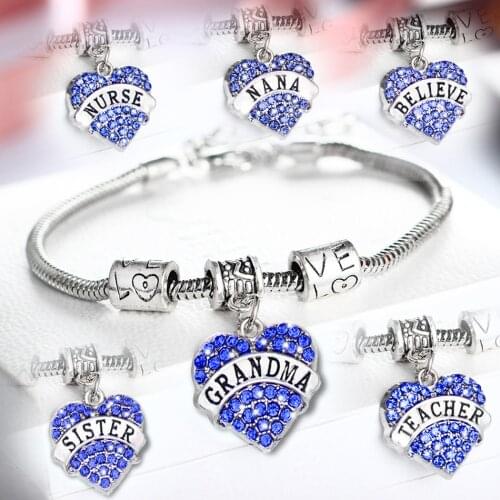 Blue Crystal Heart Pendant Sister Nurse Best Friends Teacher Grandma Mother Gifts Charm Bracelet For Women Men Chanin Bangle