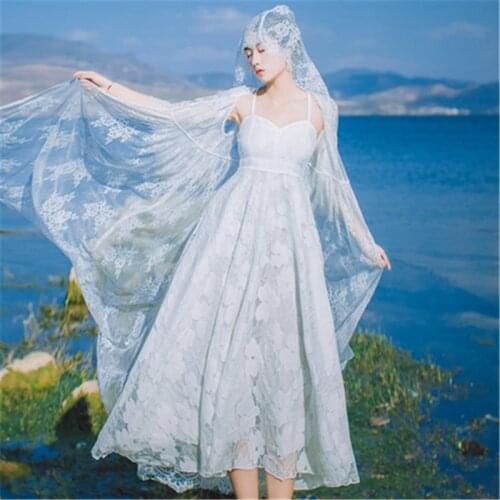 Lace embroidered long dress fashion temperament solid color lace mid-length sleeveless long dress