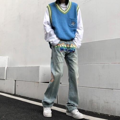 High street embroidery design sense jeans mens fashion brand ruffian trend trumpet