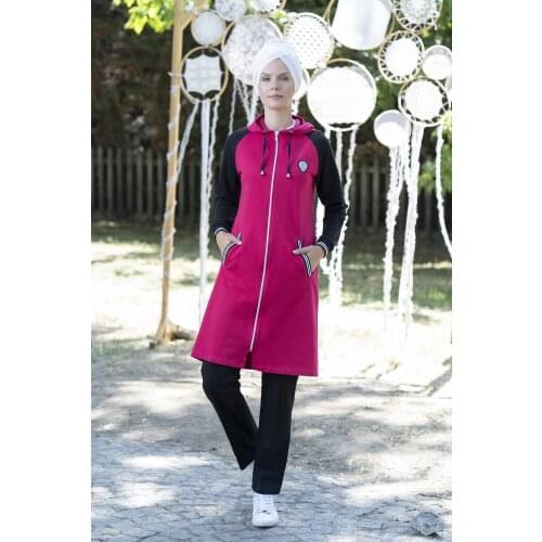 Eofashion Islamic Fuchsia Long Sleeve With Sweatsuit Pocket Hijab Sportwear With Capuccio And Pants Wide Size Range Muslim Women