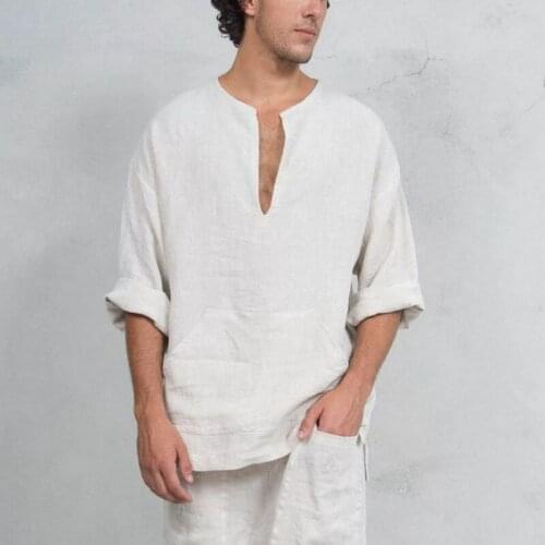 Casual t shirt for Men Solid Color Long Sleeve T-shirts Men V Neck Slitting Hem Cotton Linen T-shirt Top pullover mens Clothing