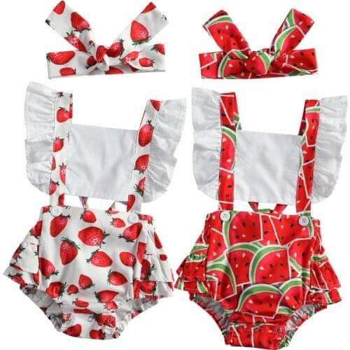 FOCUSNORM Newborn Baby Girls Bodysuits Headband 2pcs Watermelon/Strawberry Print Backless Ruffles Short Sleeve Jumpsuits