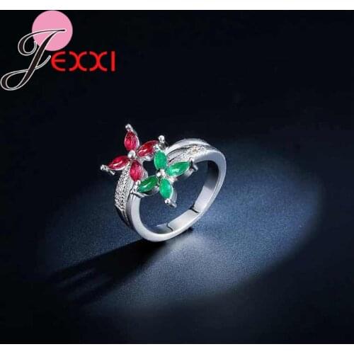 Trendy Flower Shape Red Green Crystal Bridal Wedding Rings For Women Fashion 925 Sterling Silver Engagement Anillos Gift