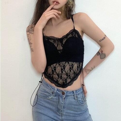 Trendy Womens Sexy Mesh See Through Lace Camisole Summer Simple Solid Color Sleeveless Backless Irregular Short Cami Top