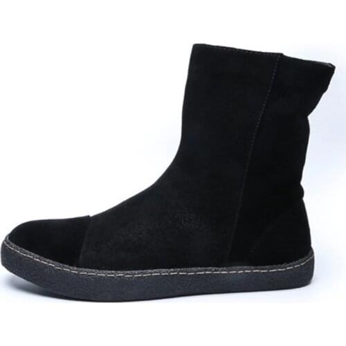 Men Brand Cow Suede Snow Boots Casual Plush Thick Warm Mid-Calf Round Toe Boots Fashion Black Gray Winter Black Military Shoes