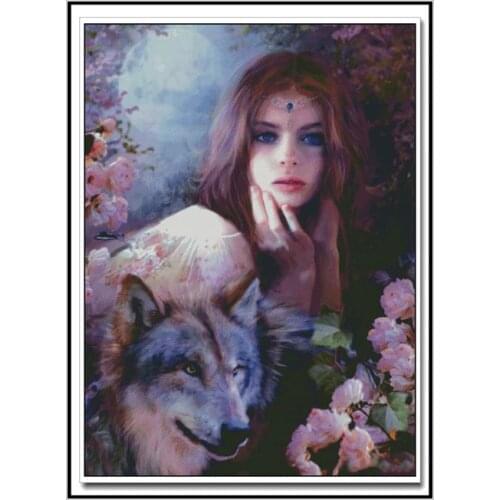 For Embroidery Needlework Crafts 14CT Unprinted DIY Quality Cross Stitch Kits Handmade Arts Character Rose girl and Wolf