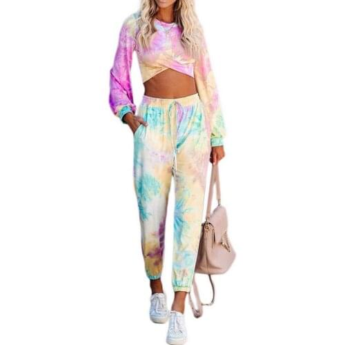 New Autumn Womens Two Piece Set Fashion Tie-Dye Print Round Neck Long Sleeve Short Crop Tops Elastic Long Trousers Packet Suit