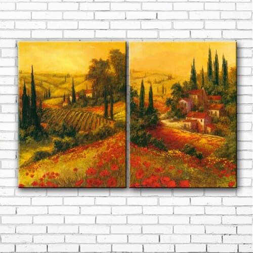 Pastoral tree flower house sunset scenery canvas printings oil painting printed on canvas home wall art decoration picture