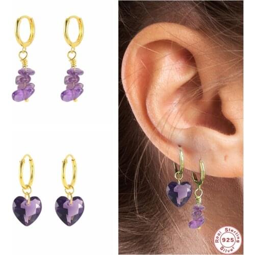 GS 925 Sterling Silver Transparent Natural Stone String Pendants Dangle Earrings Colored Cyan Pink Heart Charm Drop Earrings