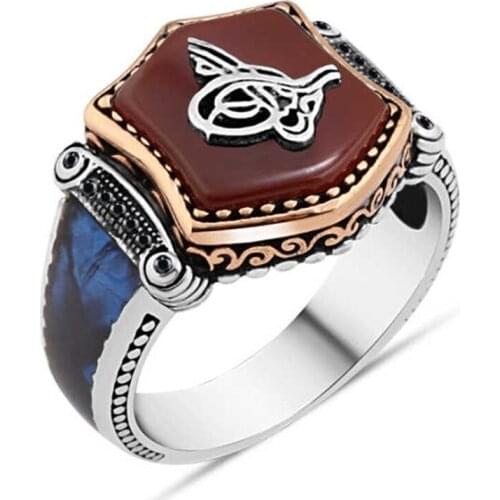 Agate Stone Tuğralı Cabochons Silver Men 'S Ring