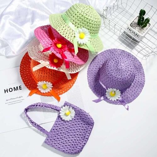 Hot Selling Summer Sun Hat Girls Kids Straw Hat Cap Beach Hats Bag Flower Tote Handbag Bags Suit Tote Handbag Flower Straw Cap