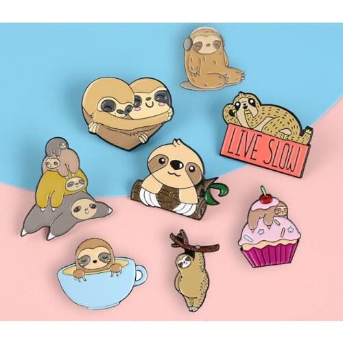 Cute Sloth High Quality Metal Pins LIVE SLOW Cartoon Badges Brooches Bag Accessories Denim Lapel Pins Jewelry Gifts for Friends