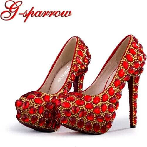 2018 Handmade Wedding Bridal Shoes Red Color Rhinestone Diamond High Heels 5 Inches Party Prom Shoes Gorgeous Bride Dress Shoes