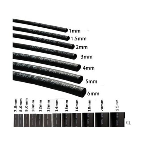 5meter/lot Heat Shrink Tubing Tube Black Color 1mm 1.5mm 2mm 3mm 4mm 5mm