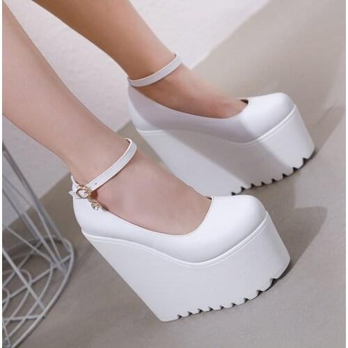 17 Cm Round Head Platform Super High Heel Thick Heel Womens Shoes Black And White Pumps For Women Sexy Wedges