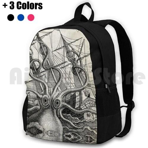 Vintage Kraken , Octopus Illustration Outdoor Hiking Backpack Riding Climbing Sports Bag Vintage Octopus Art Kids Octopus Sea