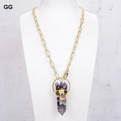 GuaiGuai Jewelry 23'' Natural Amethyst Point Pendant Necklace Gold Color Plated Chain Necklace Hiphop For Women