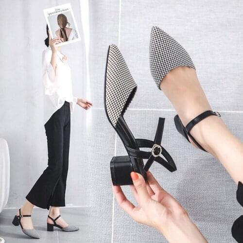 Chic houndstooth shallow sandals summer women pointed toe med-high heels sandales back strap slingback sandals new zapatos mujer