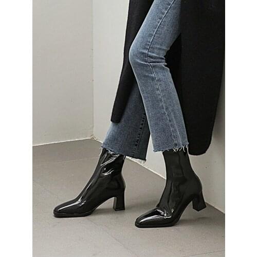 HtonShero Winter Shoes Woman Pu Slip On Ankle Boots High Heels 7.5/5.5cm Square Toe Platform Black Casual Rainboots Size 3-9