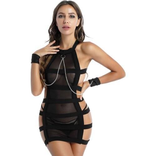 Women Erotic Sexy Lingerie Set Nightwear See-through Mesh Hollow Out Backless Mini Dress with Metal Chain Decor Cuffs G-string