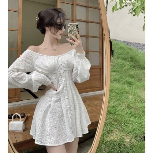 2021 Autumn New Style Hollow Long Sleeve Slim Waist Slash Neck Strapless A-line Dress White Dress Women