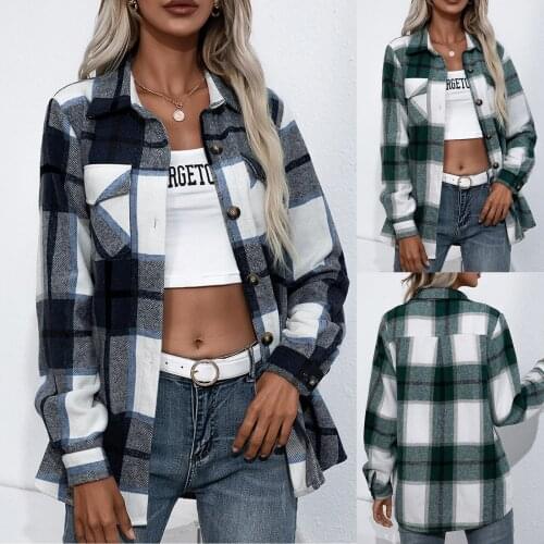 Womens Coat Loose Plaid Printed Pocket Jacket 2021 Autumn Casual Fashion Coats Ladies Clothing Dropshipping