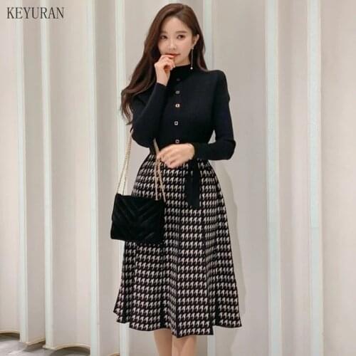 2021 Spring Autumn Korean Elegant Knit Plaid Patchwork Women Dress Long Sleeve O-neck Lace-up Bow Pleated Midi Dresses Vestido